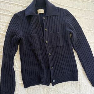 Doen Navy Ribbed Cashmere Cardigan Sweater